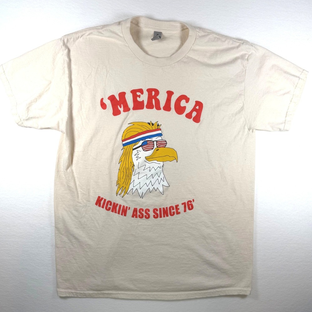 Gildan Merica Eagle Mullet Graphic T-Shirt Mens Large Cream Patriotic USA Tee